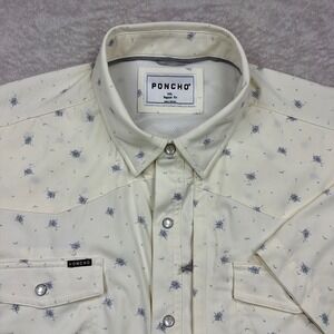 Poncho Fishing Shirt Mens XXL Cream Blue Floral Western Pearl Snap Regular Fit